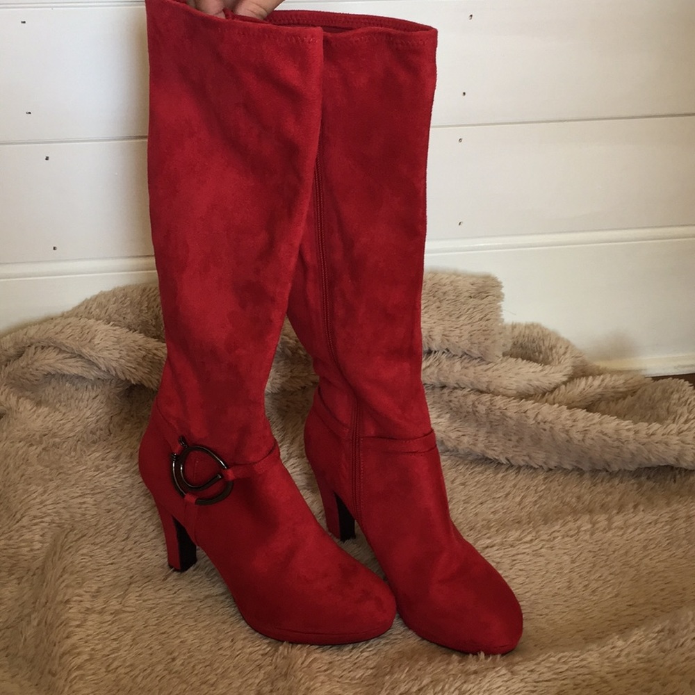 Red suede zip up heeled boots.